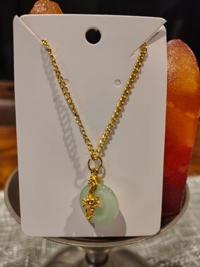 Gold Chain Necklace with Light Green Jade Pendant